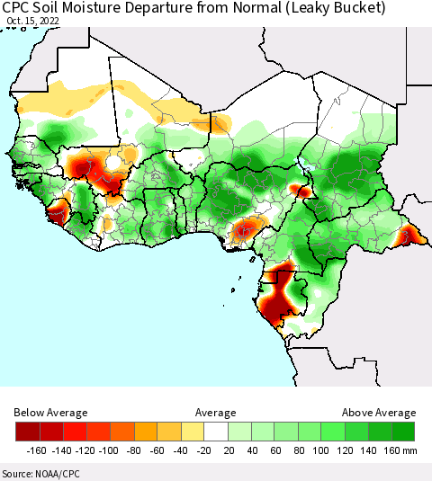 Western Africa CPC Soil Moisture Departure from Normal (Leaky Bucket) Thematic Map For 10/11/2022 - 10/15/2022