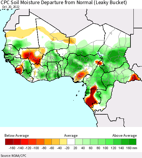 Western Africa CPC Soil Moisture Departure from Normal (Leaky Bucket) Thematic Map For 10/16/2022 - 10/20/2022