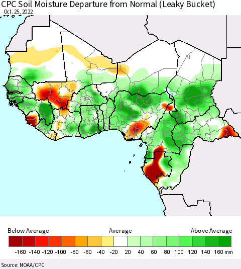 Western Africa CPC Soil Moisture Departure from Normal (Leaky Bucket) Thematic Map For 10/21/2022 - 10/25/2022