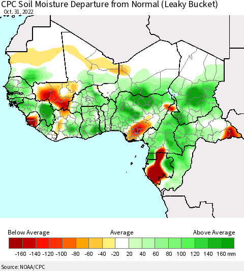 Western Africa CPC Soil Moisture Departure from Normal (Leaky Bucket) Thematic Map For 10/26/2022 - 10/31/2022