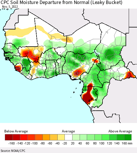 Western Africa CPC Soil Moisture Departure from Normal (Leaky Bucket) Thematic Map For 11/1/2022 - 11/5/2022