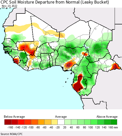 Western Africa CPC Soil Moisture Departure from Normal (Leaky Bucket) Thematic Map For 11/6/2022 - 11/10/2022