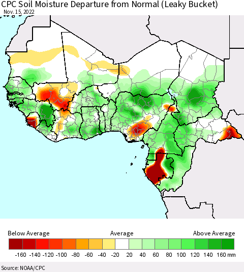 Western Africa CPC Soil Moisture Departure from Normal (Leaky Bucket) Thematic Map For 11/11/2022 - 11/15/2022