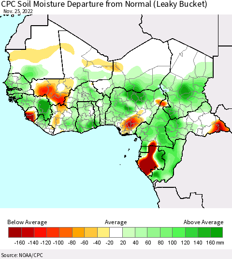 Western Africa CPC Soil Moisture Departure from Normal (Leaky Bucket) Thematic Map For 11/21/2022 - 11/25/2022