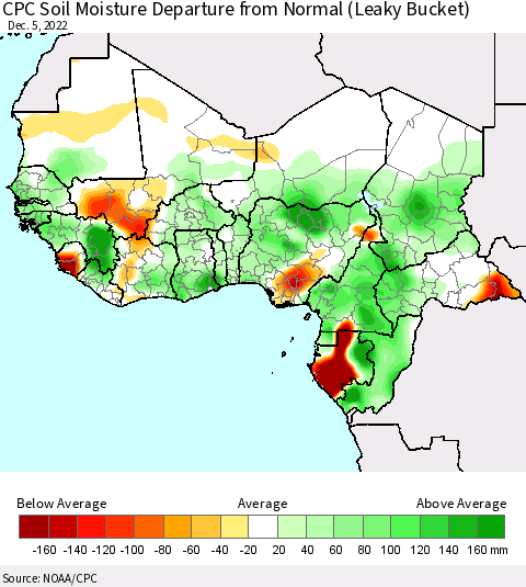 Western Africa CPC Soil Moisture Departure from Normal (Leaky Bucket) Thematic Map For 12/1/2022 - 12/5/2022