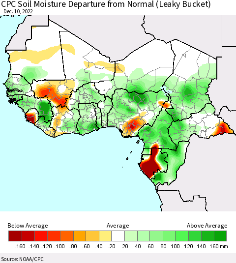 Western Africa CPC Soil Moisture Departure from Normal (Leaky Bucket) Thematic Map For 12/6/2022 - 12/10/2022