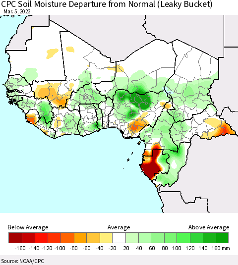 Western Africa CPC Soil Moisture Departure from Normal (Leaky Bucket) Thematic Map For 3/1/2023 - 3/5/2023