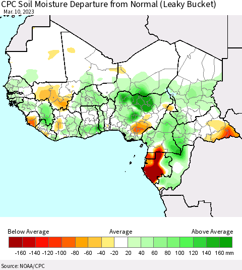 Western Africa CPC Soil Moisture Departure from Normal (Leaky Bucket) Thematic Map For 3/6/2023 - 3/10/2023