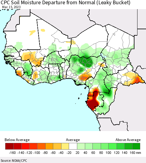 Western Africa CPC Soil Moisture Departure from Normal (Leaky Bucket) Thematic Map For 3/11/2023 - 3/15/2023
