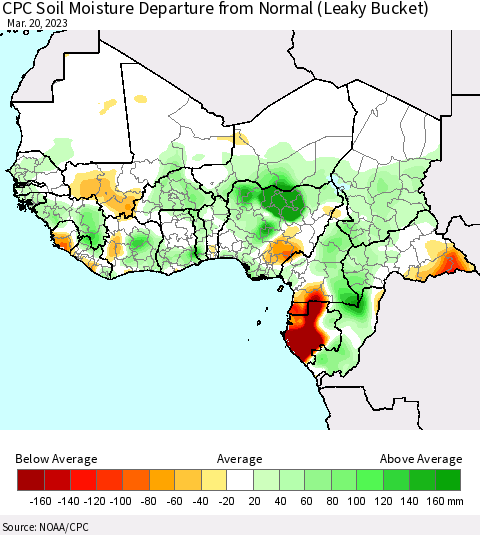 Western Africa CPC Soil Moisture Departure from Normal (Leaky Bucket) Thematic Map For 3/16/2023 - 3/20/2023
