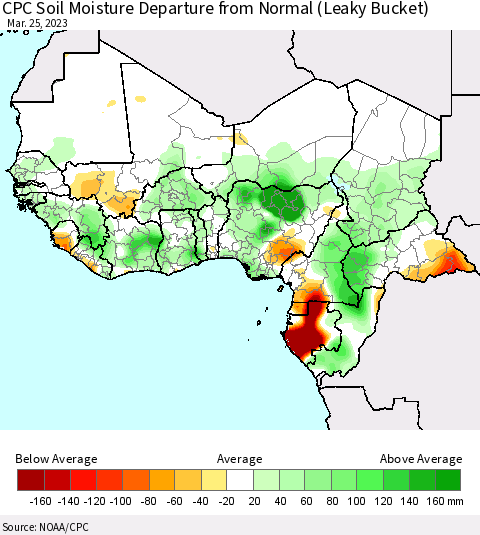 Western Africa CPC Soil Moisture Departure from Normal (Leaky Bucket) Thematic Map For 3/21/2023 - 3/25/2023