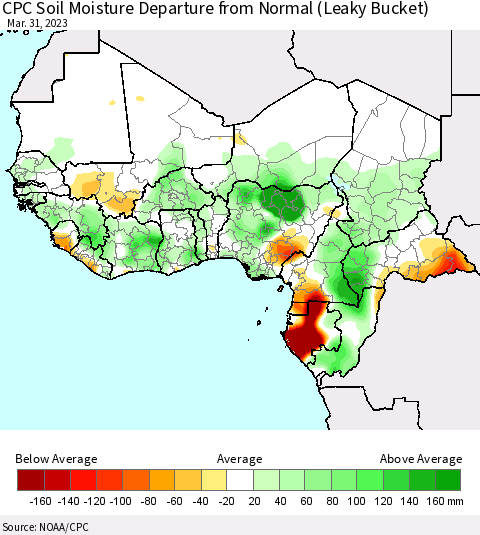 Western Africa CPC Soil Moisture Departure from Normal (Leaky Bucket) Thematic Map For 3/26/2023 - 3/31/2023