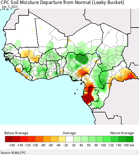 Western Africa CPC Soil Moisture Departure from Normal (Leaky Bucket) Thematic Map For 4/1/2023 - 4/5/2023