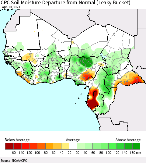 Western Africa CPC Soil Moisture Departure from Normal (Leaky Bucket) Thematic Map For 4/6/2023 - 4/10/2023