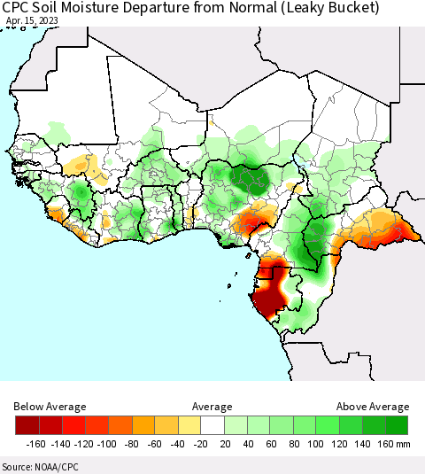 Western Africa CPC Soil Moisture Departure from Normal (Leaky Bucket) Thematic Map For 4/11/2023 - 4/15/2023