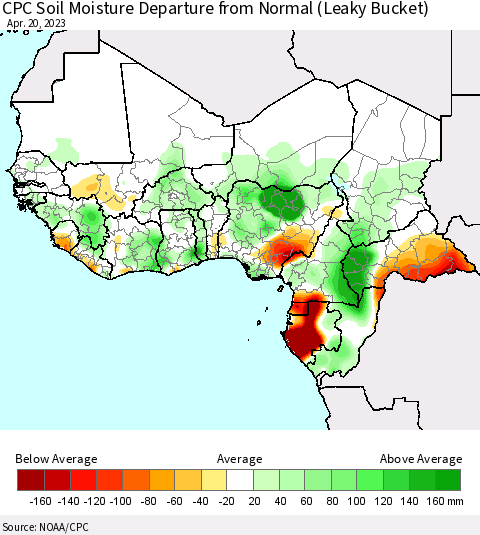 Western Africa CPC Soil Moisture Departure from Normal (Leaky Bucket) Thematic Map For 4/16/2023 - 4/20/2023