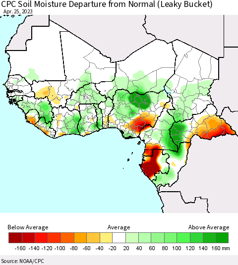 Western Africa CPC Soil Moisture Departure from Normal (Leaky Bucket) Thematic Map For 4/21/2023 - 4/25/2023