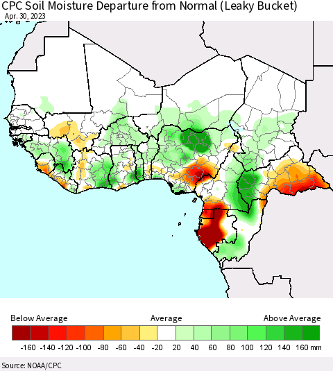 Western Africa CPC Soil Moisture Departure from Normal (Leaky Bucket) Thematic Map For 4/26/2023 - 4/30/2023