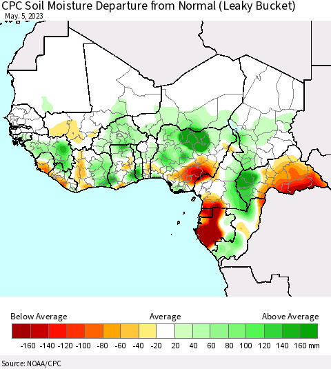 Western Africa CPC Soil Moisture Departure from Normal (Leaky Bucket) Thematic Map For 5/1/2023 - 5/5/2023