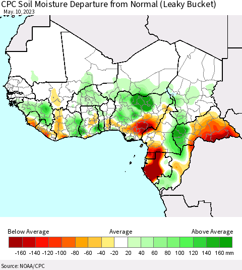 Western Africa CPC Soil Moisture Departure from Normal (Leaky Bucket) Thematic Map For 5/6/2023 - 5/10/2023