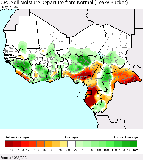 Western Africa CPC Soil Moisture Departure from Normal (Leaky Bucket) Thematic Map For 5/21/2023 - 5/25/2023