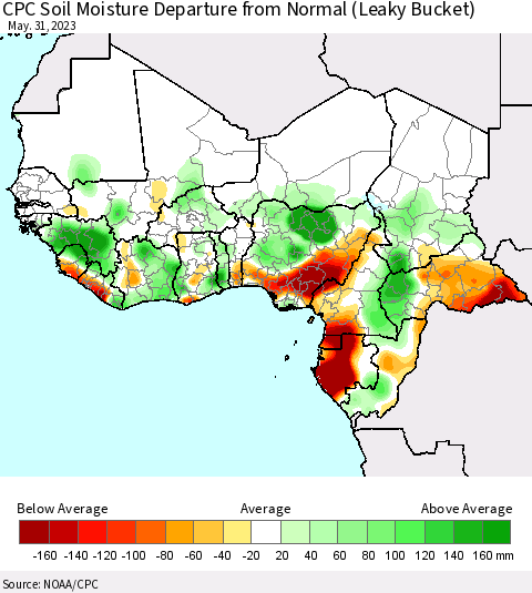 Western Africa CPC Soil Moisture Departure from Normal (Leaky Bucket) Thematic Map For 5/26/2023 - 5/31/2023
