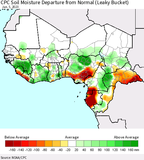 Western Africa CPC Soil Moisture Departure from Normal (Leaky Bucket) Thematic Map For 6/1/2023 - 6/5/2023