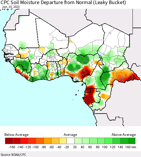 Western Africa CPC Soil Moisture Departure from Normal (Leaky Bucket) Thematic Map For 6/6/2023 - 6/10/2023