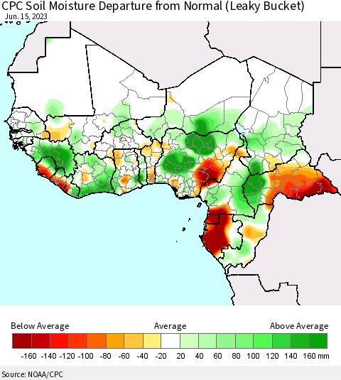 Western Africa CPC Soil Moisture Departure from Normal (Leaky Bucket) Thematic Map For 6/11/2023 - 6/15/2023