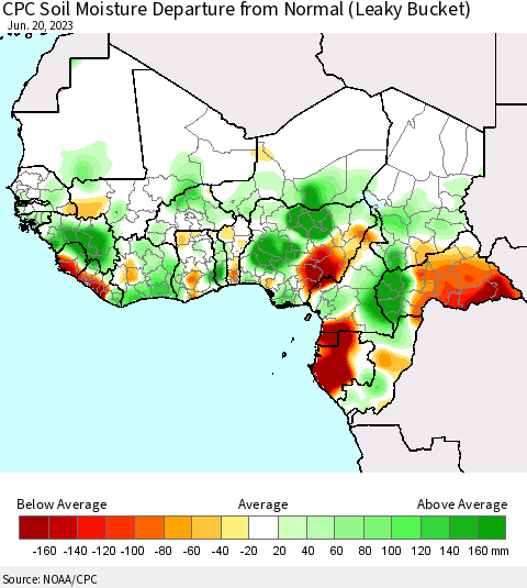 Western Africa CPC Soil Moisture Departure from Normal (Leaky Bucket) Thematic Map For 6/16/2023 - 6/20/2023