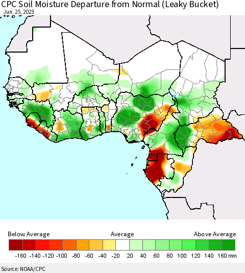Western Africa CPC Soil Moisture Departure from Normal (Leaky Bucket) Thematic Map For 6/21/2023 - 6/25/2023