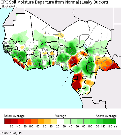 Western Africa CPC Soil Moisture Departure from Normal (Leaky Bucket) Thematic Map For 7/1/2023 - 7/5/2023