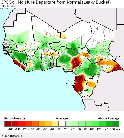 Western Africa CPC Soil Moisture Departure from Normal (Leaky Bucket) Thematic Map For 7/6/2023 - 7/10/2023