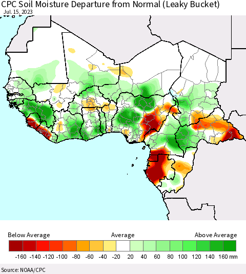 Western Africa CPC Soil Moisture Departure from Normal (Leaky Bucket) Thematic Map For 7/11/2023 - 7/15/2023