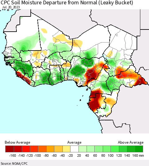 Western Africa CPC Soil Moisture Departure from Normal (Leaky Bucket) Thematic Map For 7/16/2023 - 7/20/2023