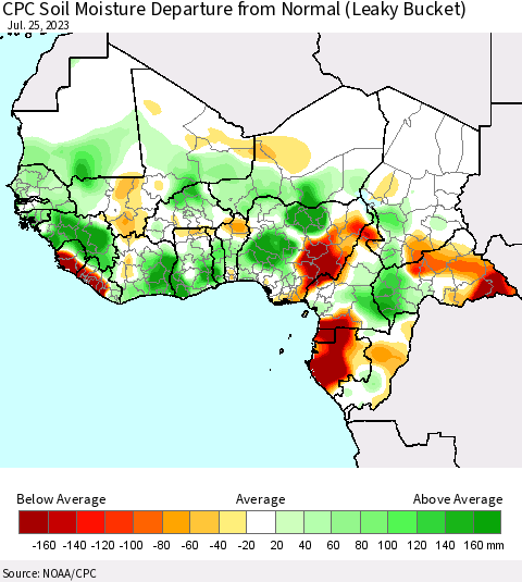 Western Africa CPC Soil Moisture Departure from Normal (Leaky Bucket) Thematic Map For 7/21/2023 - 7/25/2023
