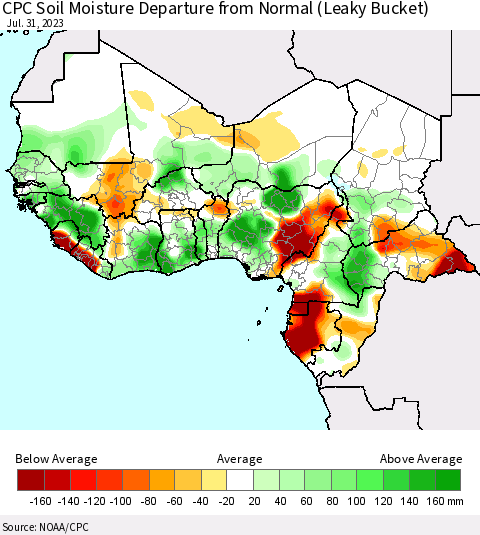 Western Africa CPC Soil Moisture Departure from Normal (Leaky Bucket) Thematic Map For 7/26/2023 - 7/31/2023