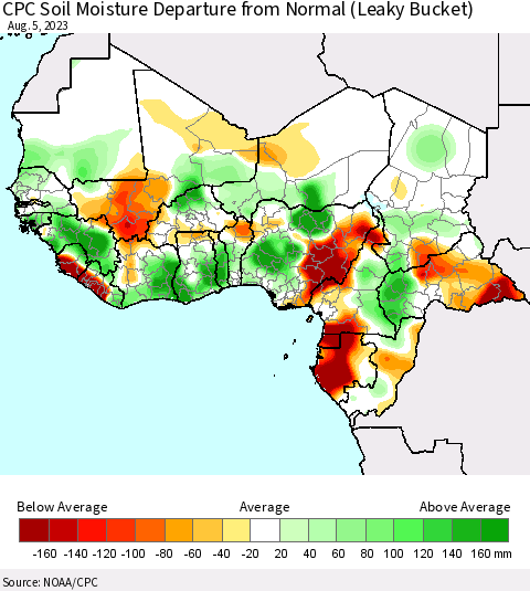 Western Africa CPC Soil Moisture Departure from Normal (Leaky Bucket) Thematic Map For 8/1/2023 - 8/5/2023