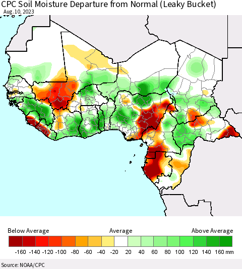 Western Africa CPC Soil Moisture Departure from Normal (Leaky Bucket) Thematic Map For 8/6/2023 - 8/10/2023