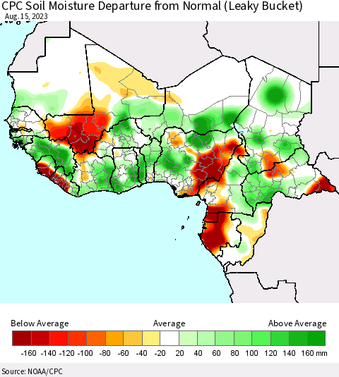 Western Africa CPC Soil Moisture Departure from Normal (Leaky Bucket) Thematic Map For 8/11/2023 - 8/15/2023
