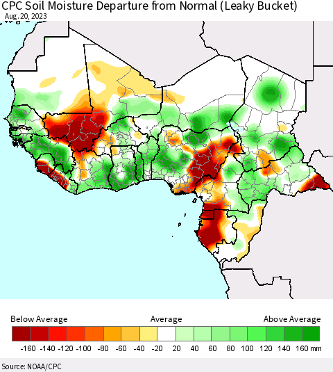 Western Africa CPC Soil Moisture Departure from Normal (Leaky Bucket) Thematic Map For 8/16/2023 - 8/20/2023