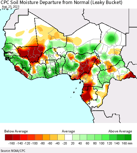 Western Africa CPC Soil Moisture Departure from Normal (Leaky Bucket) Thematic Map For 8/21/2023 - 8/25/2023