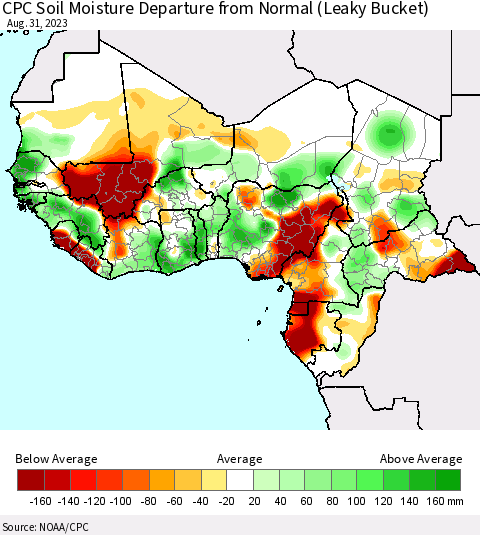 Western Africa CPC Soil Moisture Departure from Normal (Leaky Bucket) Thematic Map For 8/26/2023 - 8/31/2023