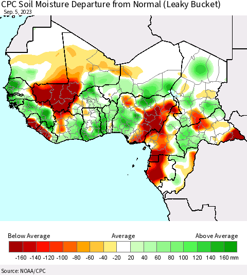 Western Africa CPC Soil Moisture Departure from Normal (Leaky Bucket) Thematic Map For 9/1/2023 - 9/5/2023