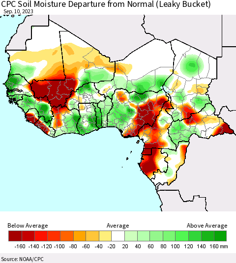 Western Africa CPC Soil Moisture Departure from Normal (Leaky Bucket) Thematic Map For 9/6/2023 - 9/10/2023