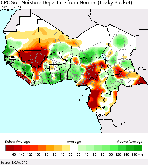 Western Africa CPC Soil Moisture Departure from Normal (Leaky Bucket) Thematic Map For 9/11/2023 - 9/15/2023