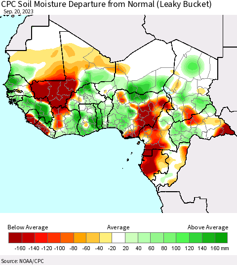 Western Africa CPC Soil Moisture Departure from Normal (Leaky Bucket) Thematic Map For 9/16/2023 - 9/20/2023