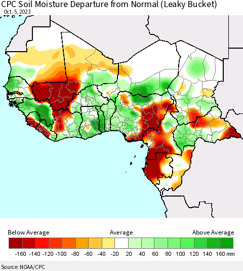 Western Africa CPC Soil Moisture Departure from Normal (Leaky Bucket) Thematic Map For 10/1/2023 - 10/5/2023