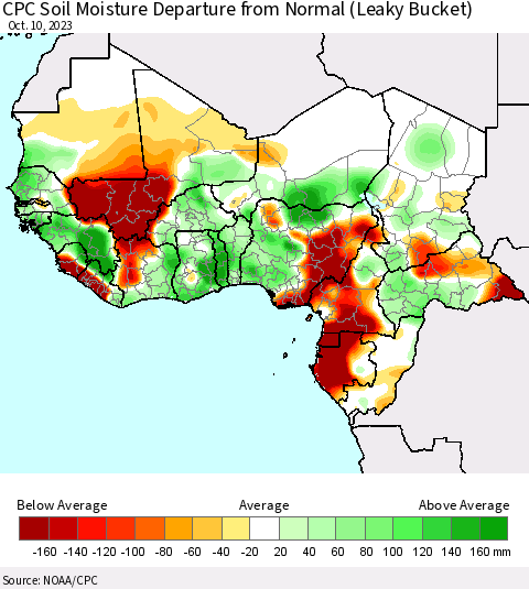 Western Africa CPC Soil Moisture Departure from Normal (Leaky Bucket) Thematic Map For 10/6/2023 - 10/10/2023