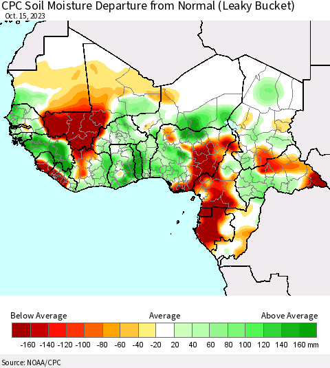 Western Africa CPC Soil Moisture Departure from Normal (Leaky Bucket) Thematic Map For 10/11/2023 - 10/15/2023